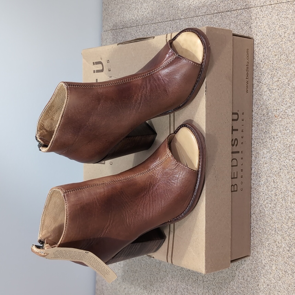 Bed Stu Onset Open Toe Bootie Boot, Brown Leather, Stacked Heel, Women 7.5 - Picture 2 of 16